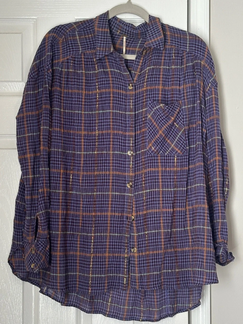 Free People Break My Stride Button Down Up Shirt Tunic Purple Metallic Small